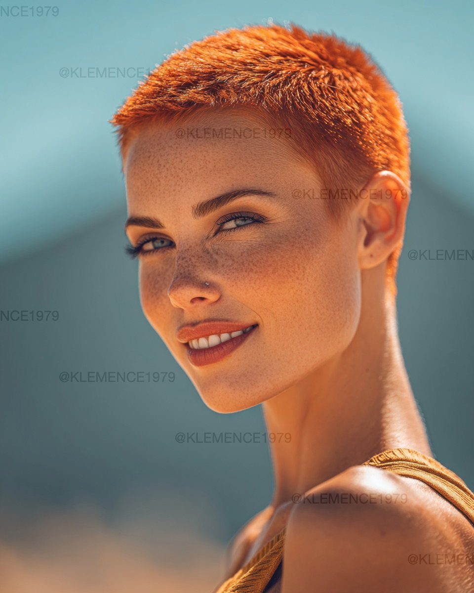 Woman with short, vivid copper-orange hair posing outdoors