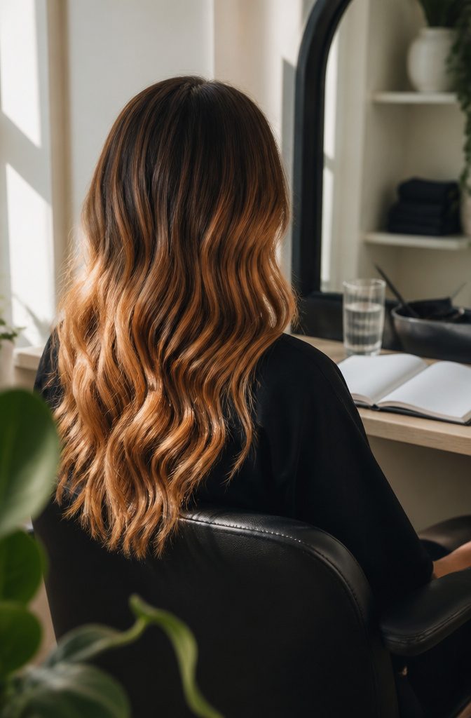 Hair with dark roots melting into warm amber ends