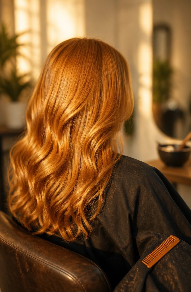 Blonde hair with bright rusty gold and copper tones