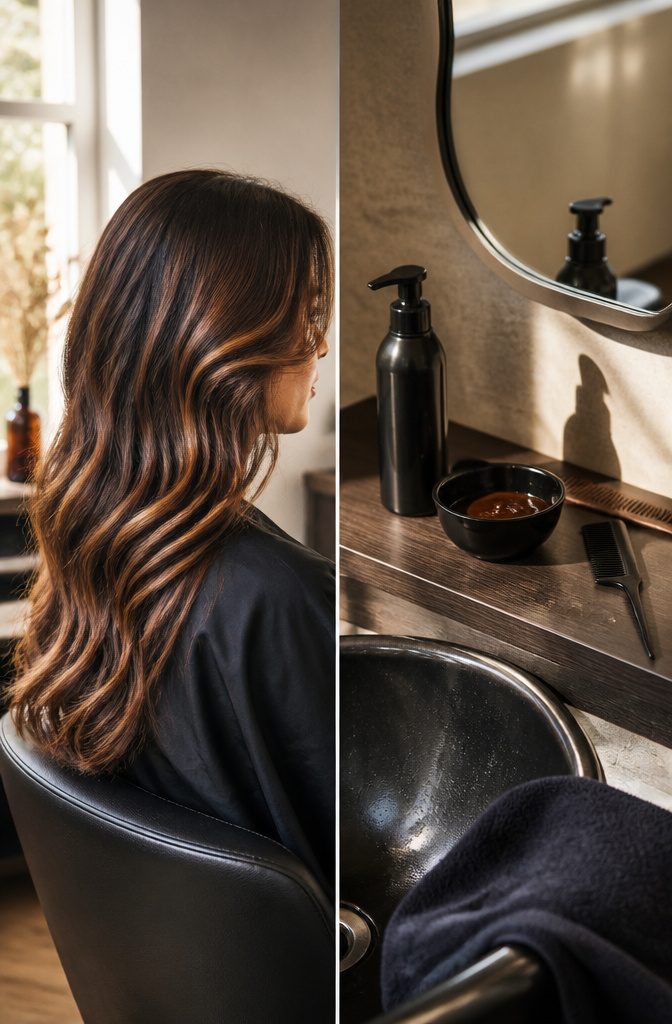 Chocolate brown hair woven with amber and honey ribbons