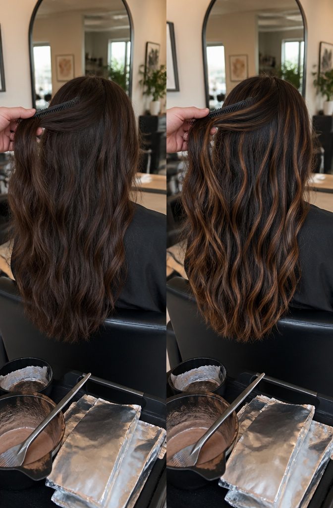 Chocolate brown hair with amber and honey highlights