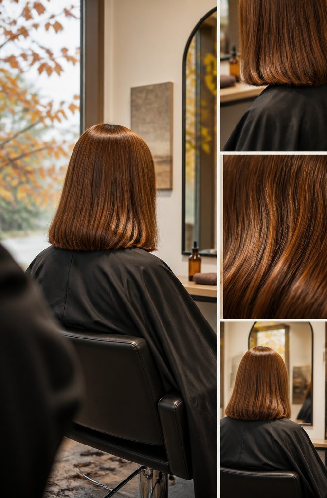 Glossy golden brown hair with warm chestnut tones