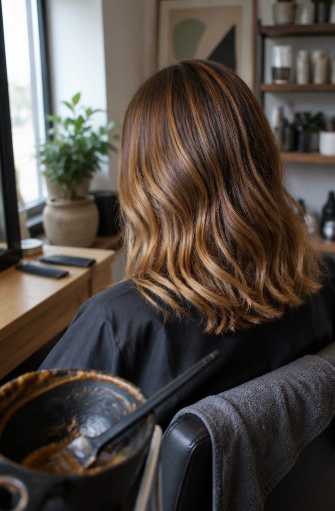 Shoulder-length dark blonde hair with soft golden brown and copper tones