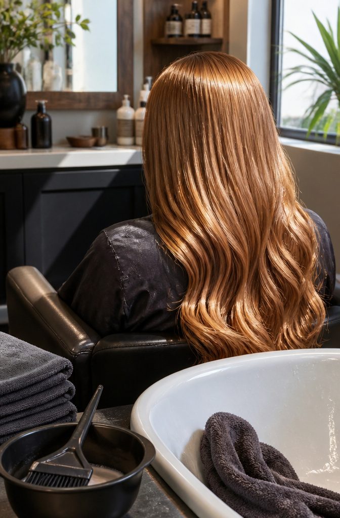 Long glossy copper blonde hair over one shoulder with golden highlights