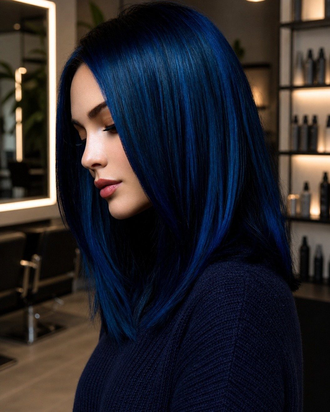 Woman with long, straight navy-blue hair seated in a warmly lit salon