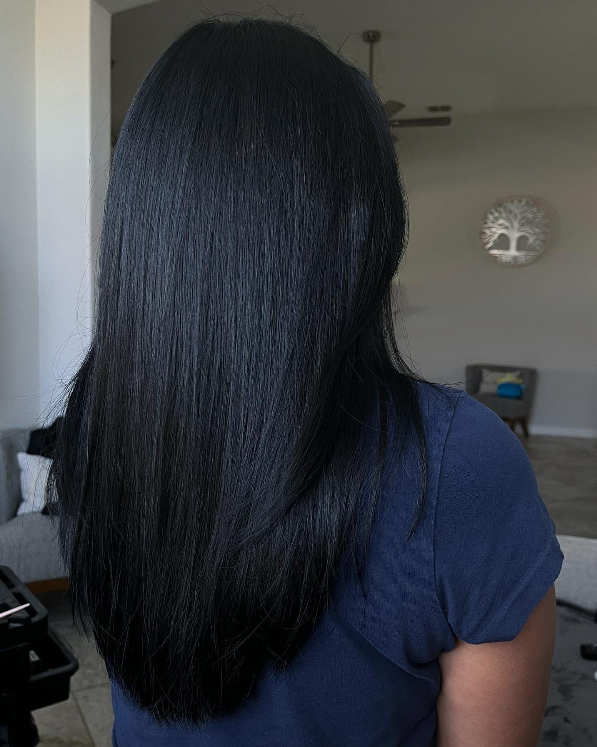 Long blue-black hair falls straight down the back of a person wearing navy.