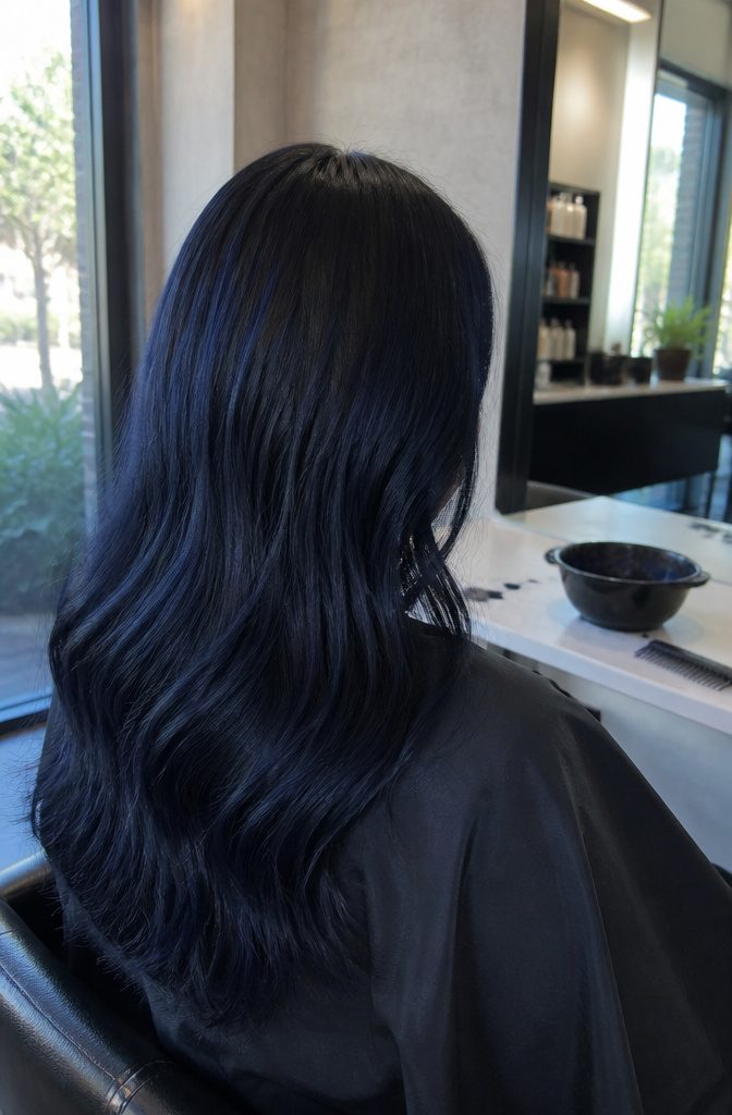 Glossy dark hair with blue undertones draped over a salon cape