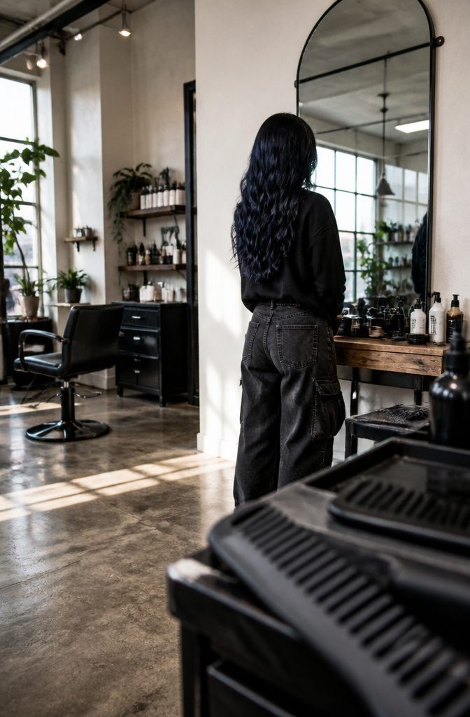 Wavy hair with alternating blue and black sections