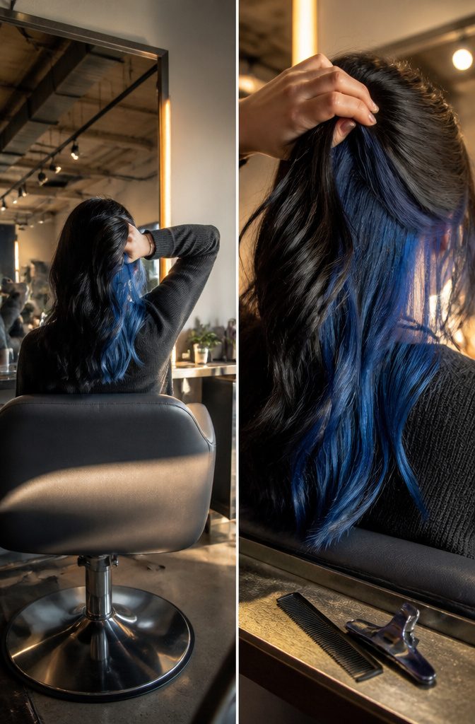 Dark hair with blue highlights hidden beneath the top layer