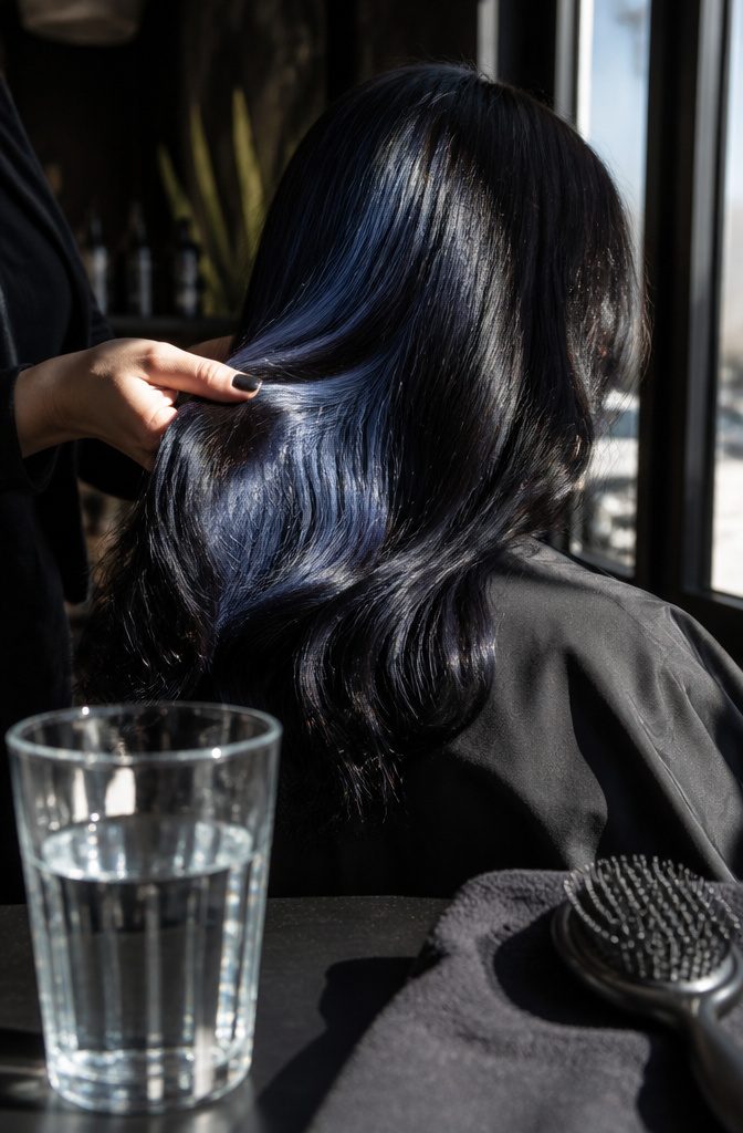 Black hair showing navy and sapphire tones in direct sunlight