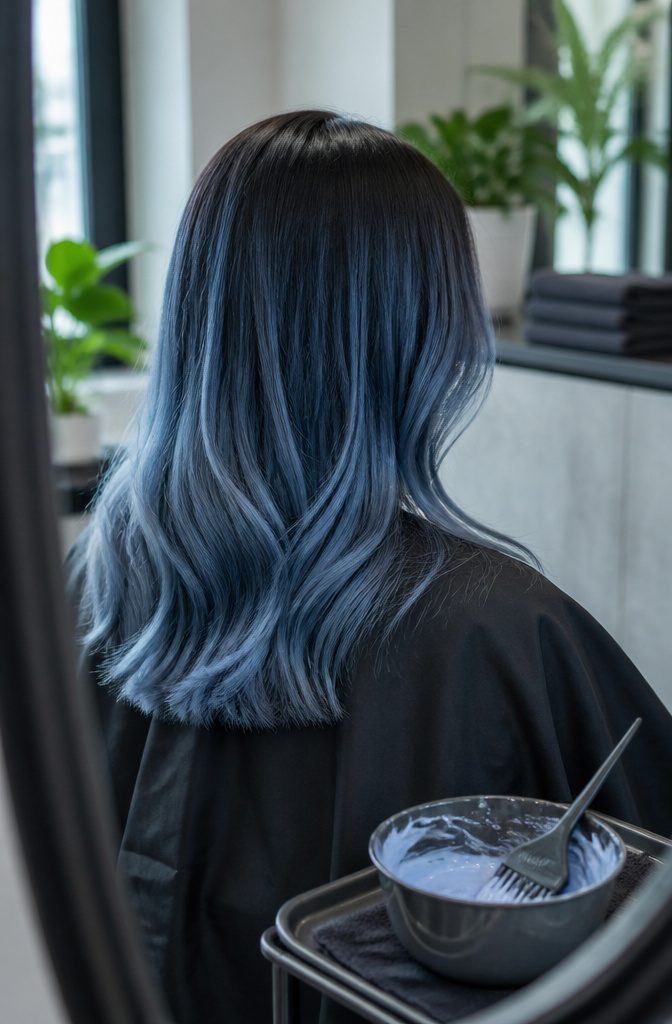 Black hair with pale icy blue highlights around the face