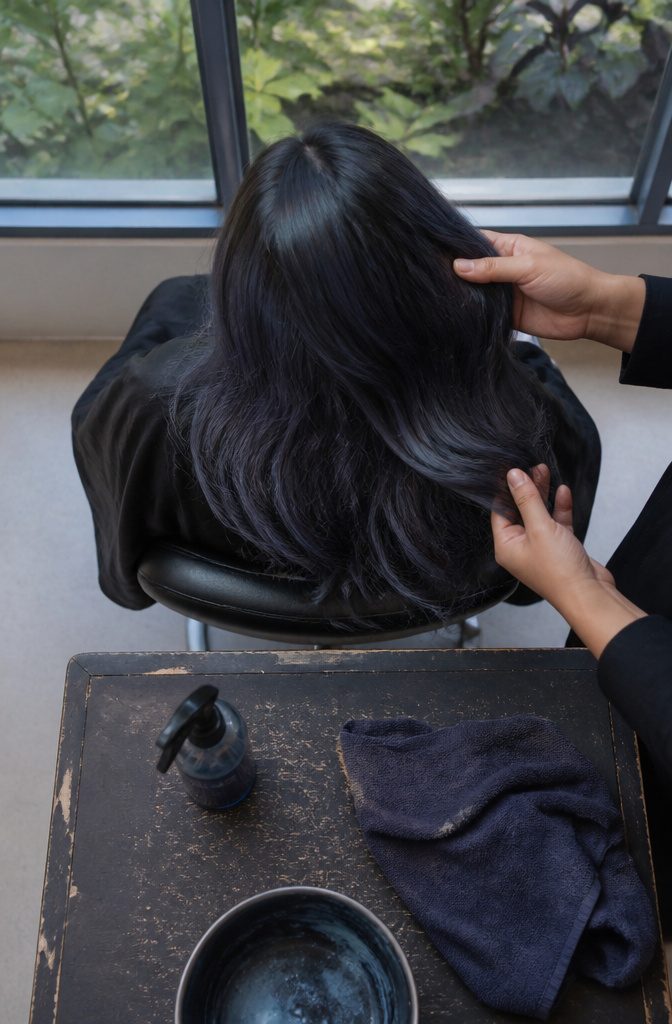 Dark hair with dusty blue lengths and black roots
