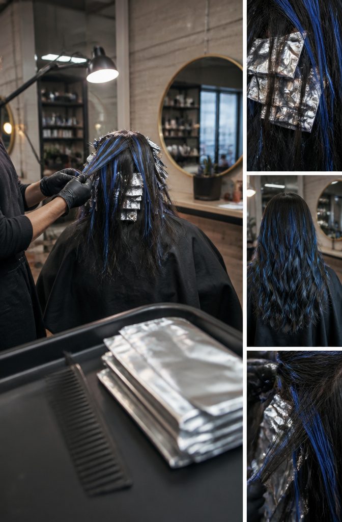 Black hair with thin electric blue highlighted strands
