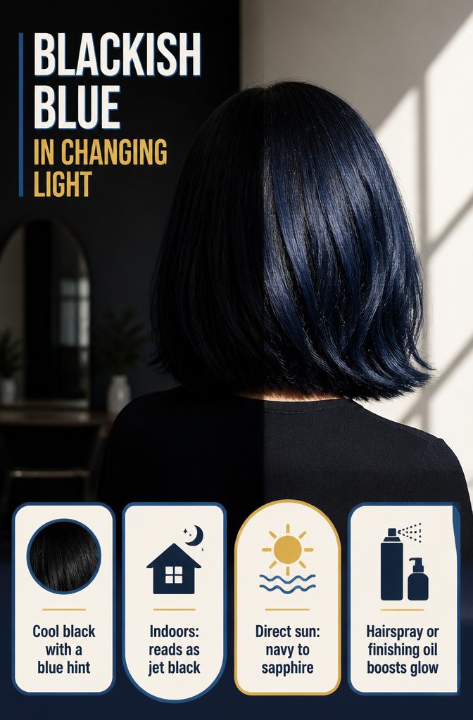 Black hair with blue sheen shown under changing light