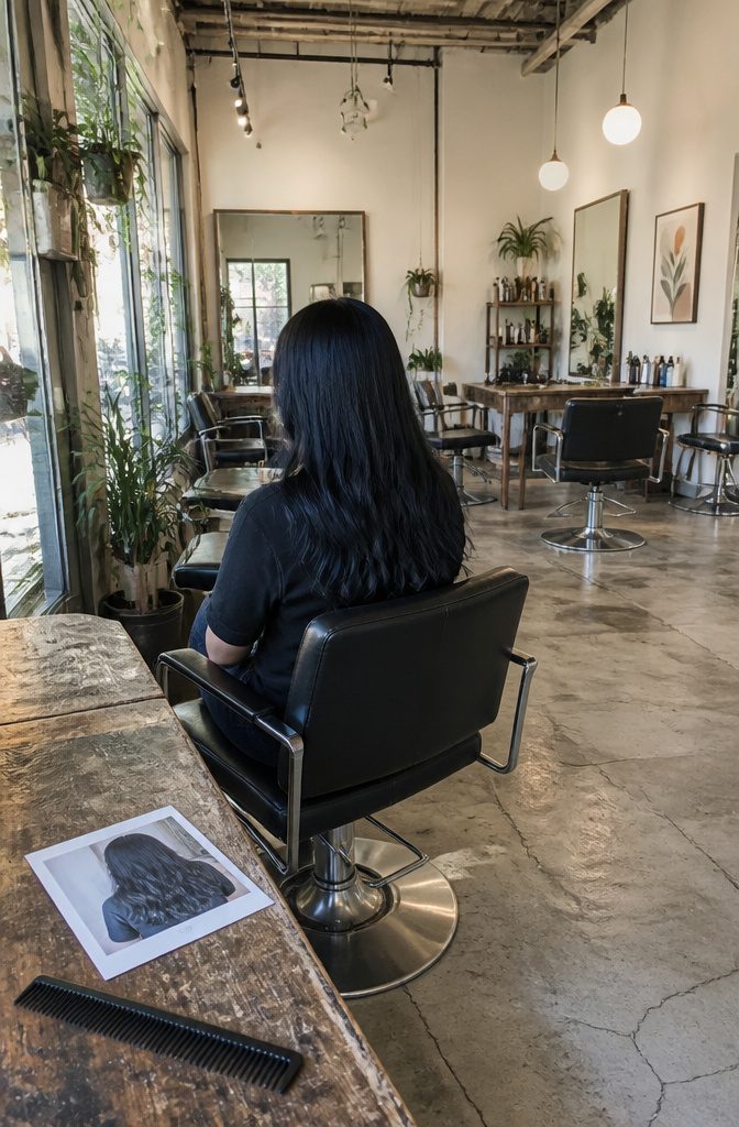 Soft black hair with cool blue sheen visible across the lengths