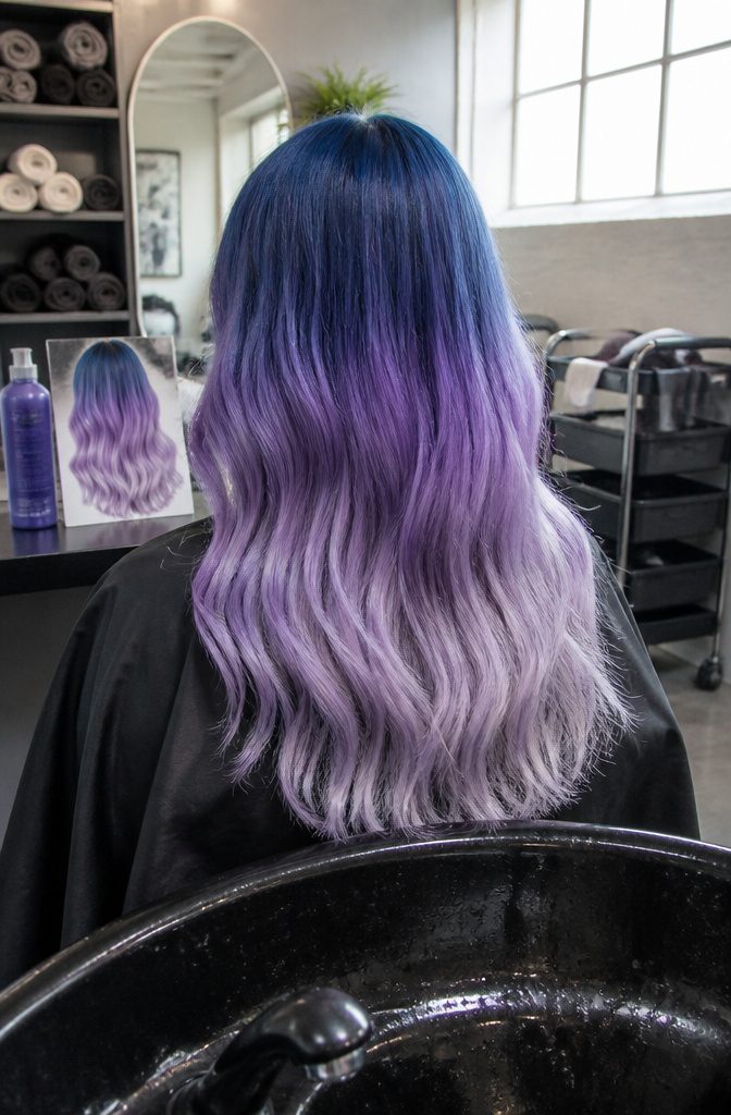 Hair fading from deep blue roots into light purple ends