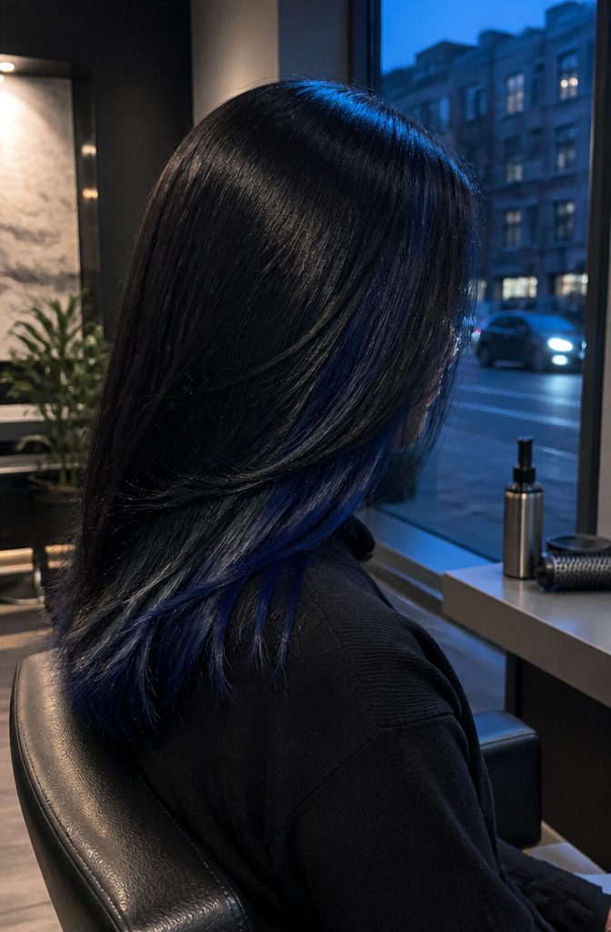 Black hair with a narrow metallic blue underlayer at the ends