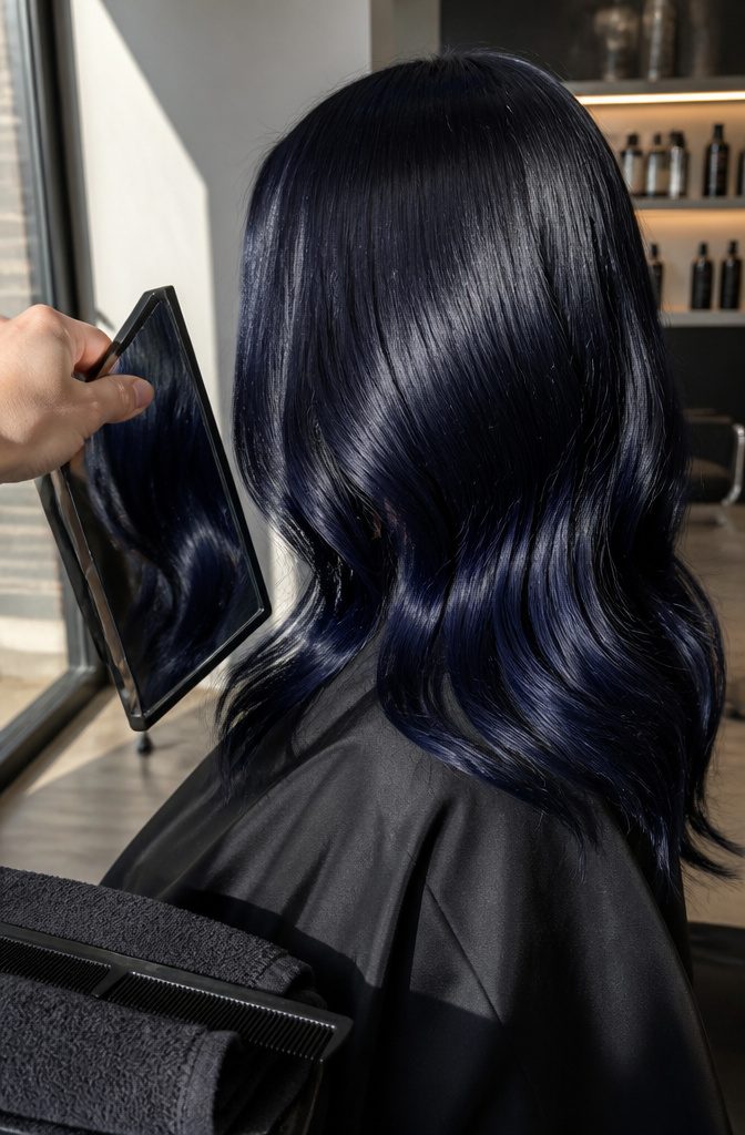 Dark hair showing subtle midnight blue sheen across black lengths