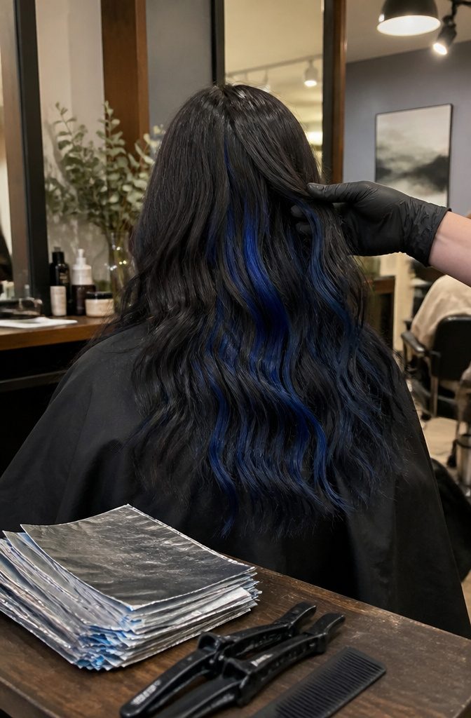 Black-blue hair with scattered electric blue highlights through the lengths