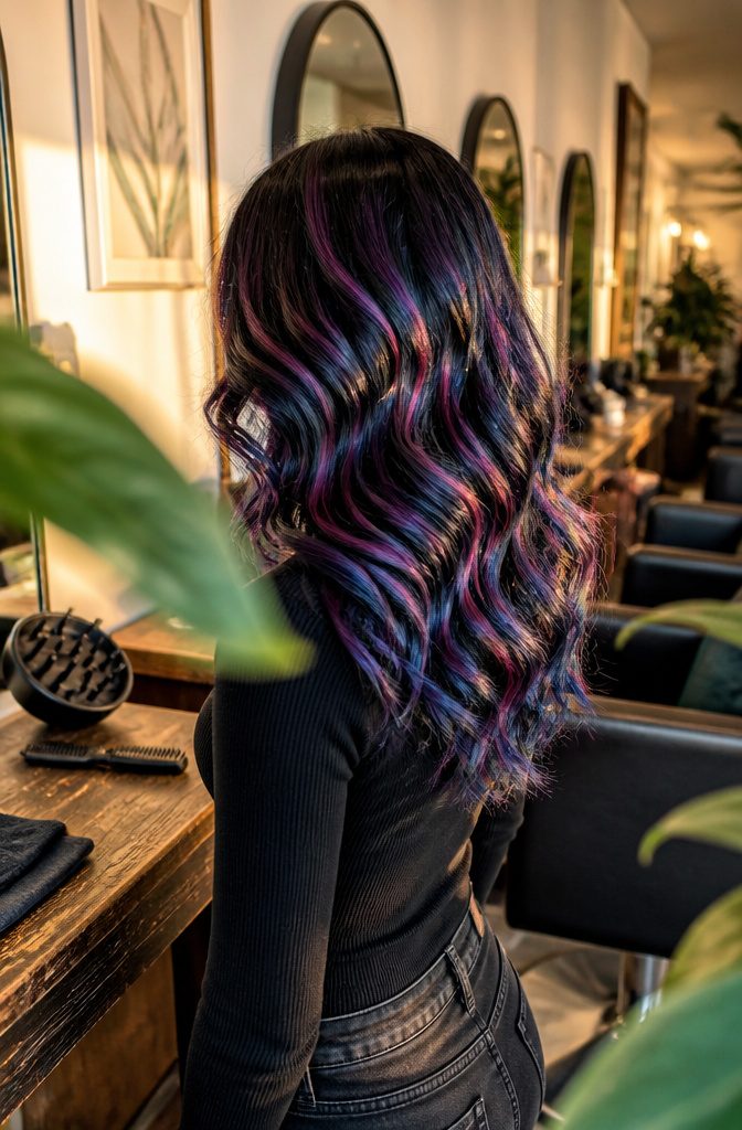 Loose dark waves showing pink purple and blue sections