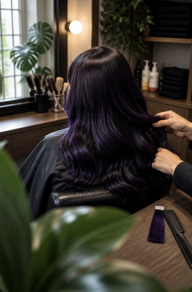 Near-black hair with subtle violet sheen across the top layers