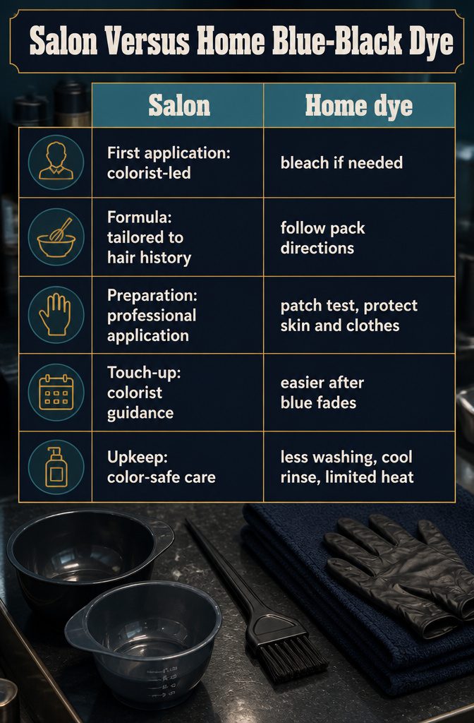 Blue-black hair dye supplies beside salon and home coloring materials