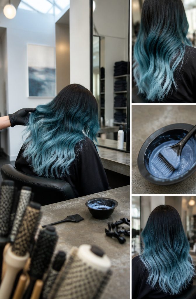 Hair fading from teal mid-lengths into light blue tips