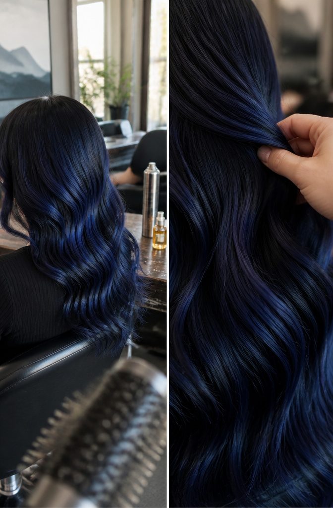 Wavy hair showing two blended dark blue shades