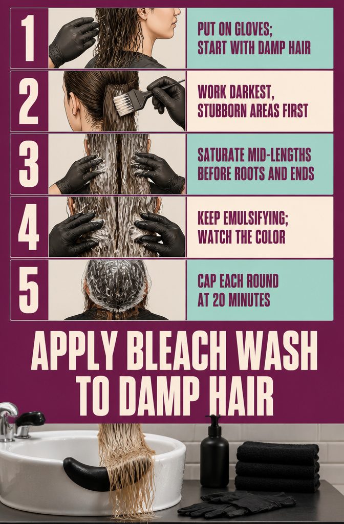 Beauty infographic showing bleach-wash application steps for damp hair