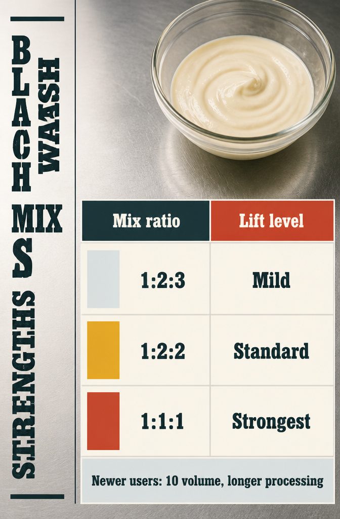 Beauty infographic comparing bleach powder, developer and shampoo mix ratios