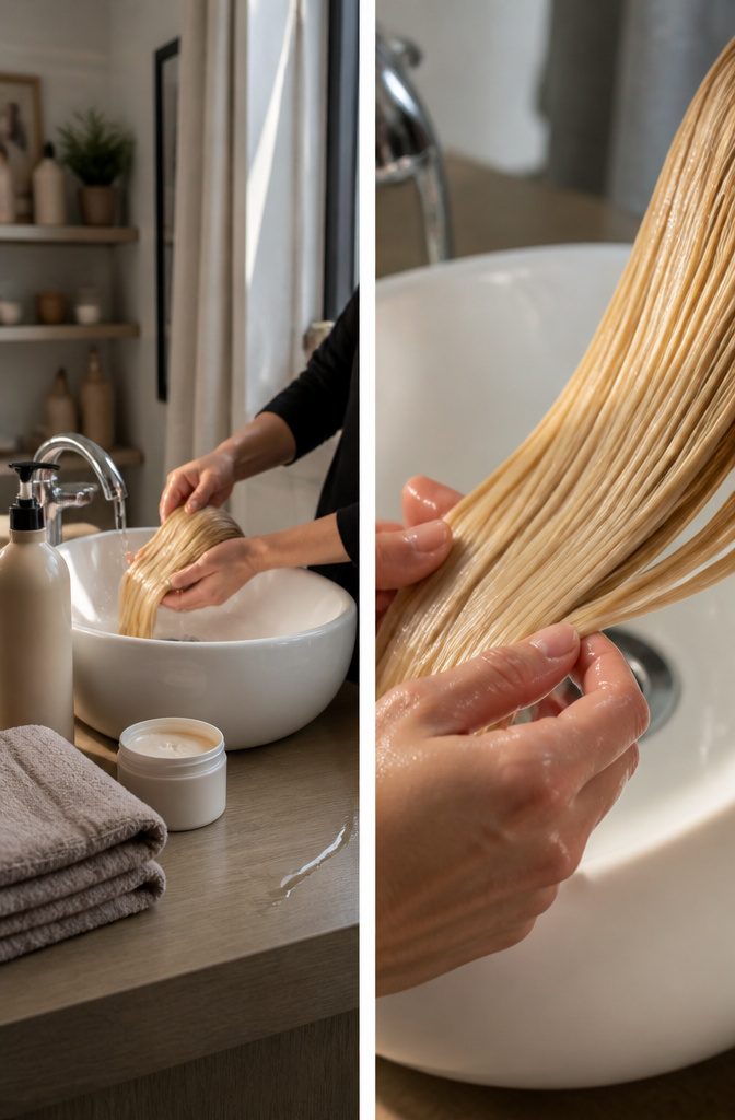 Hair being rinsed after a bleach wash near shampoo and conditioning products