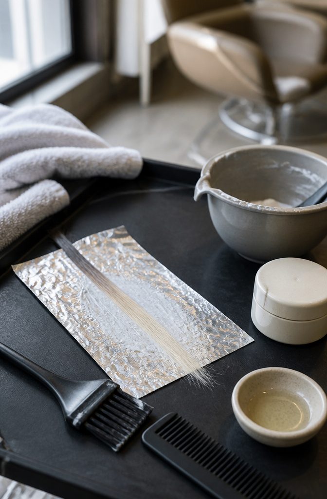 Bleached hair strand on foil beside a timer, comb and bowl
