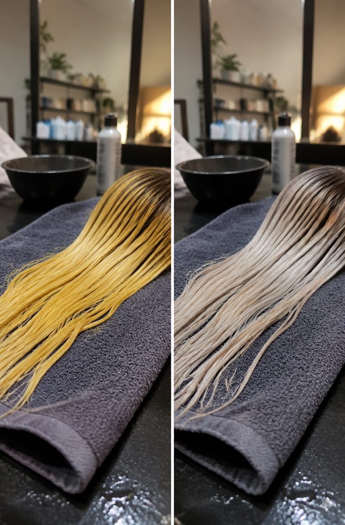 Hair with warm yellow-orange tones after bleaching beside toner supplies