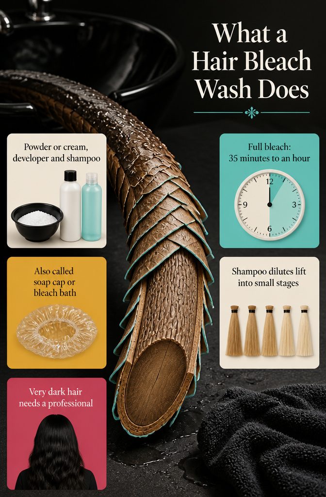 Beauty infographic diagram of bleach powder, developer and shampoo mixed for hair