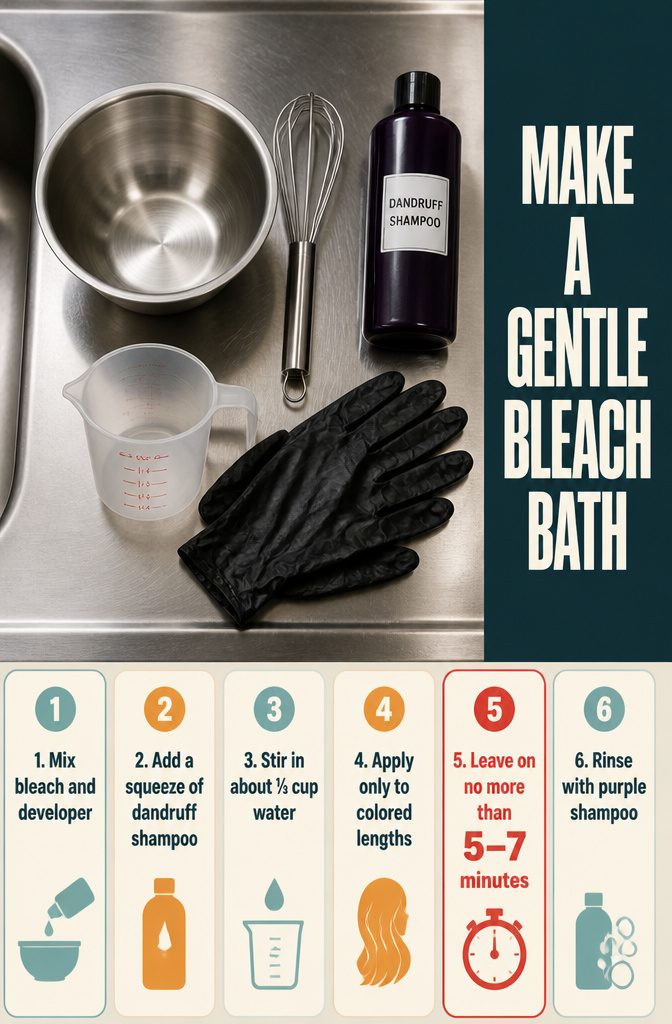 Beauty graphic with steps for a bleach bath on dyed hair