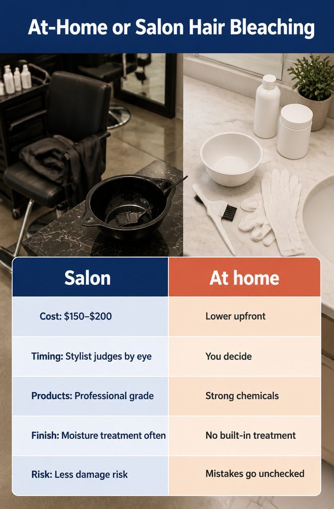 Beauty graphic comparing at-home and salon hair bleaching