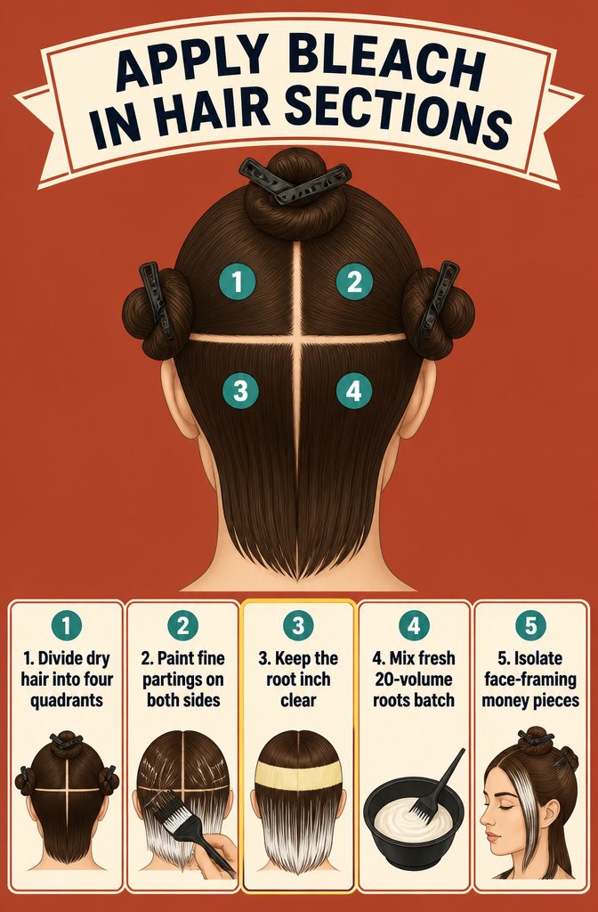 Beauty graphic with hair divided into sections for bleach application