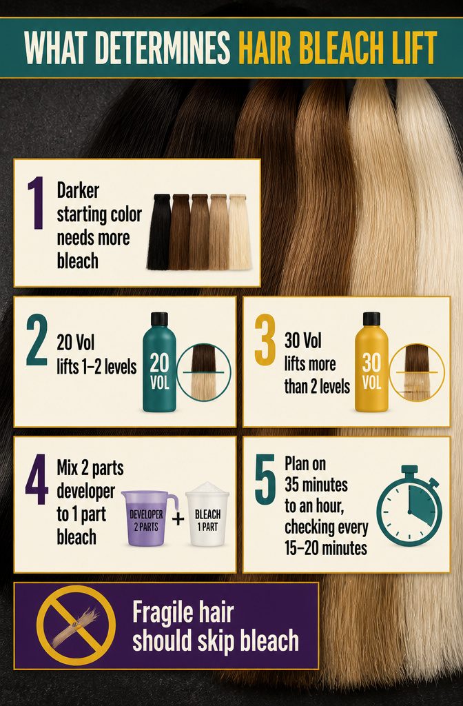 Hair bleach lift information graphic with text about factors affecting lightening