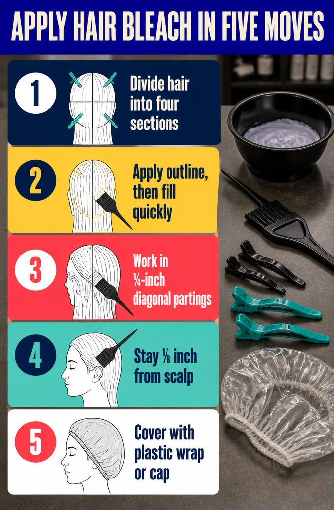 Beauty infographic showing five moves for applying hair bleach