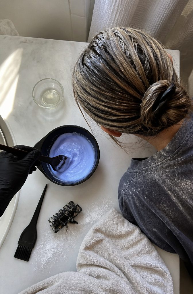 Hair bleaching supplies arranged for an at-home coloring session