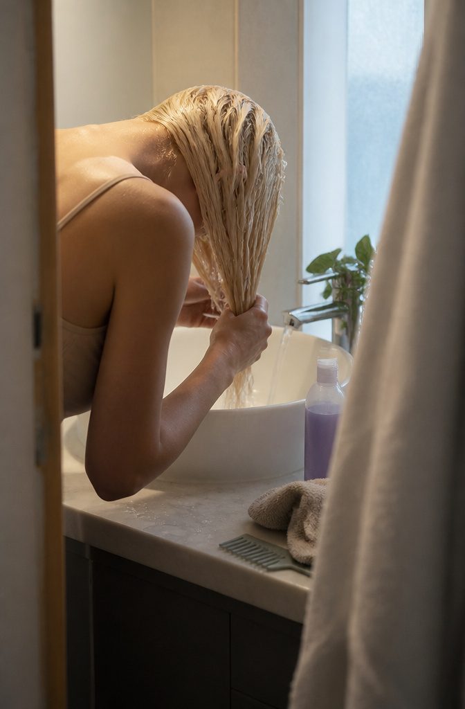 Hair bleaching supplies arranged beside a bathroom sink