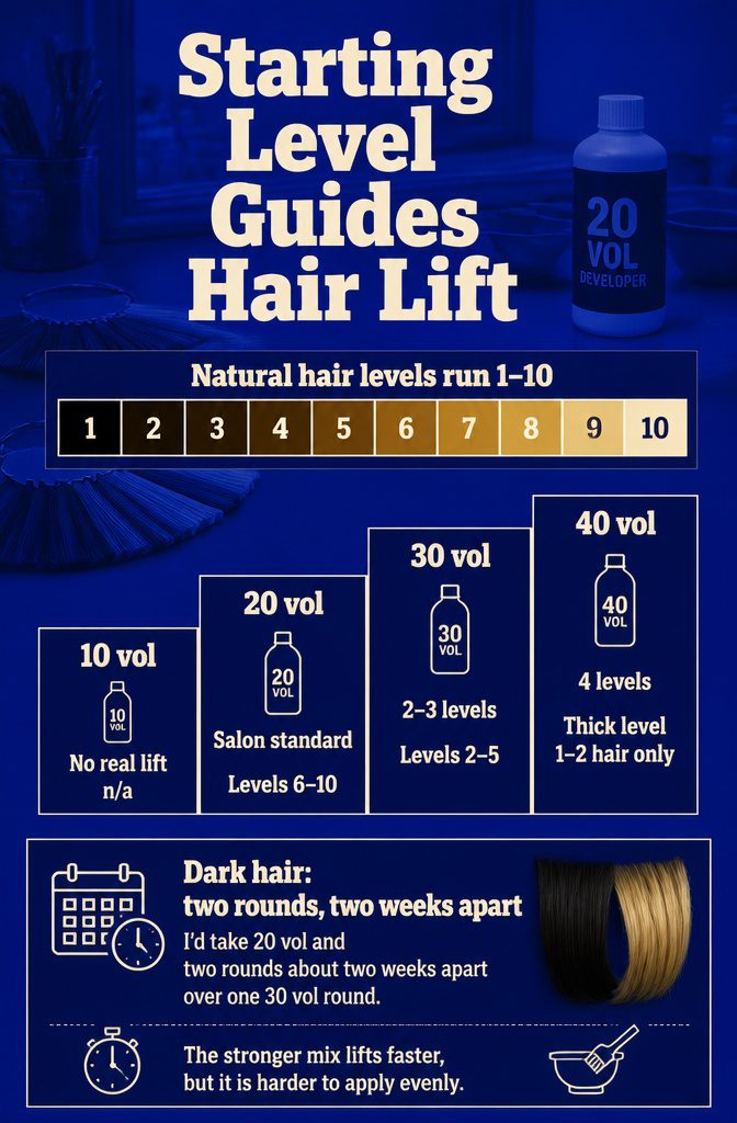 Beauty infographic matching natural hair levels with developer strengths