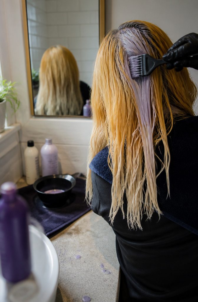 Tint brush applying toner to yellow-orange regrowth beside lighter ends