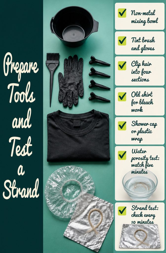 Beauty infographic showing hair clips bowls gloves and strand testing tools