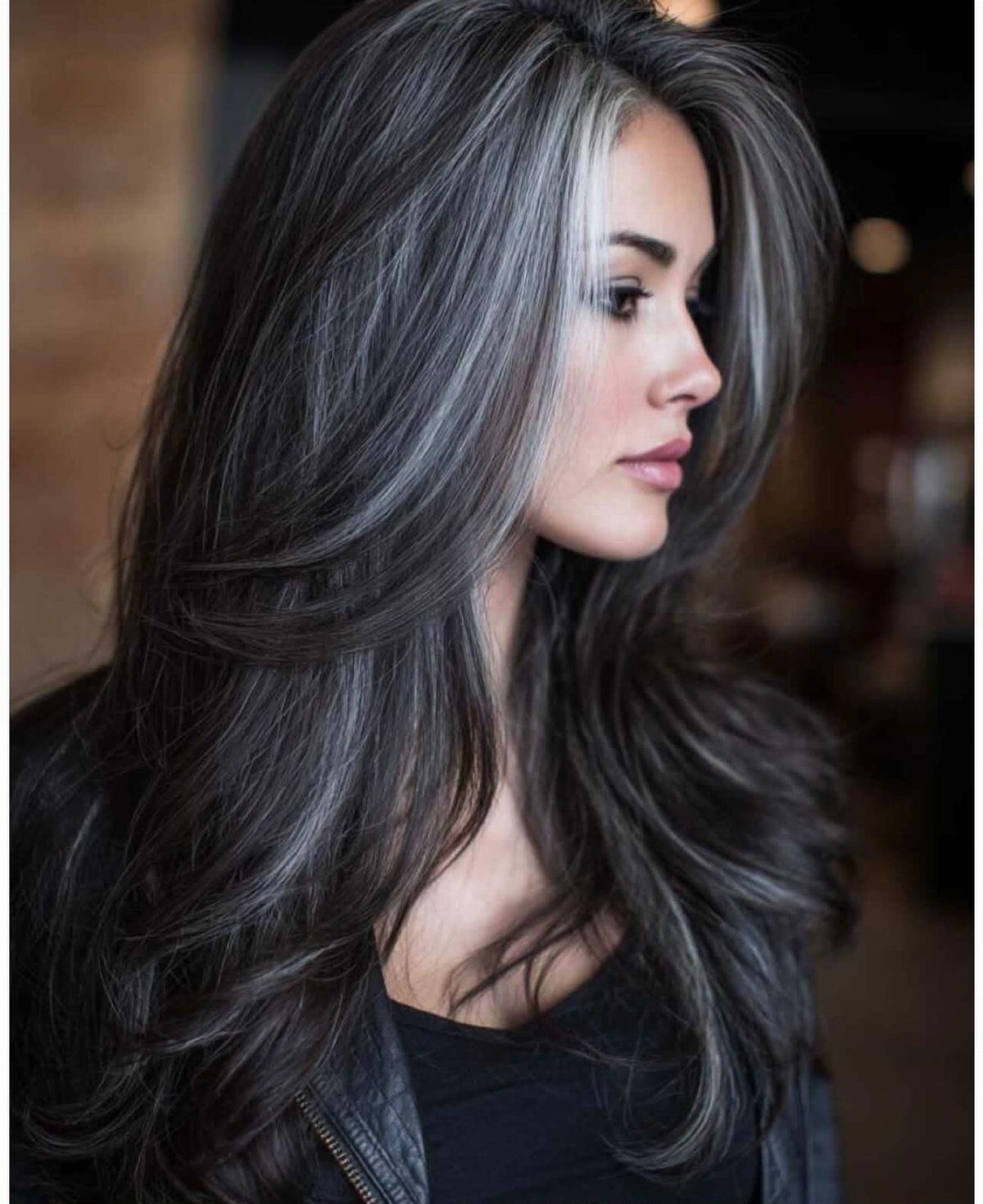Woman with long dark hair and prominent silver-gray face-framing pieces