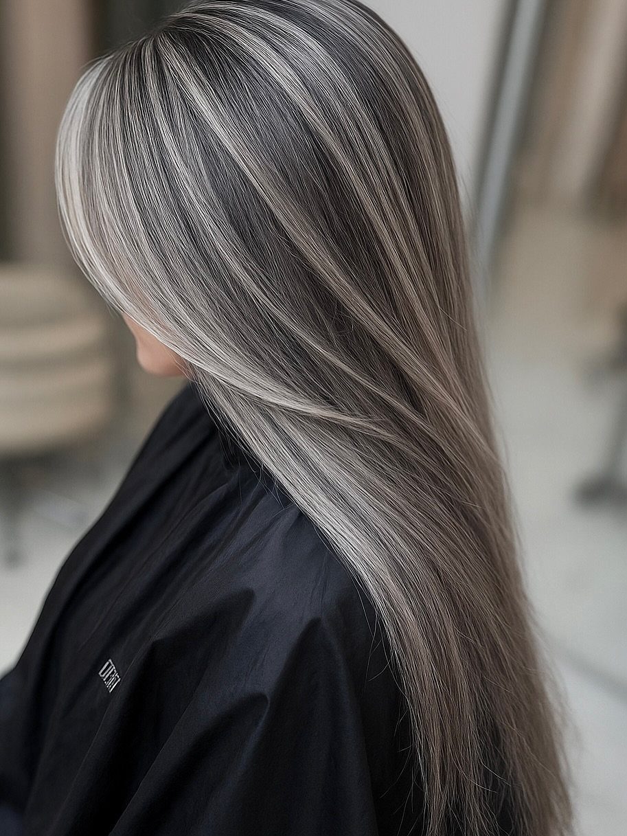 Long dark hair with fine silver-gray highlights falls over a black salon cape.