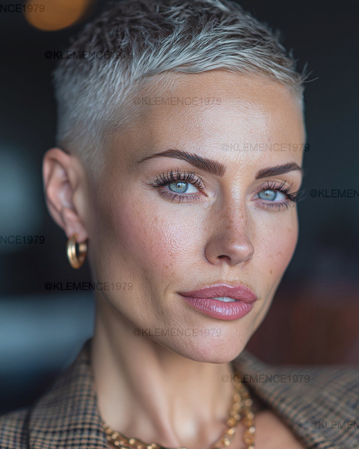 Person with a swept-up silver-gray pixie cut, gold jewelry and a checked jacket.