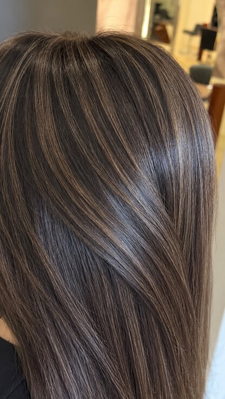 Long dark hair with fine silver-gray highlights spread throughout