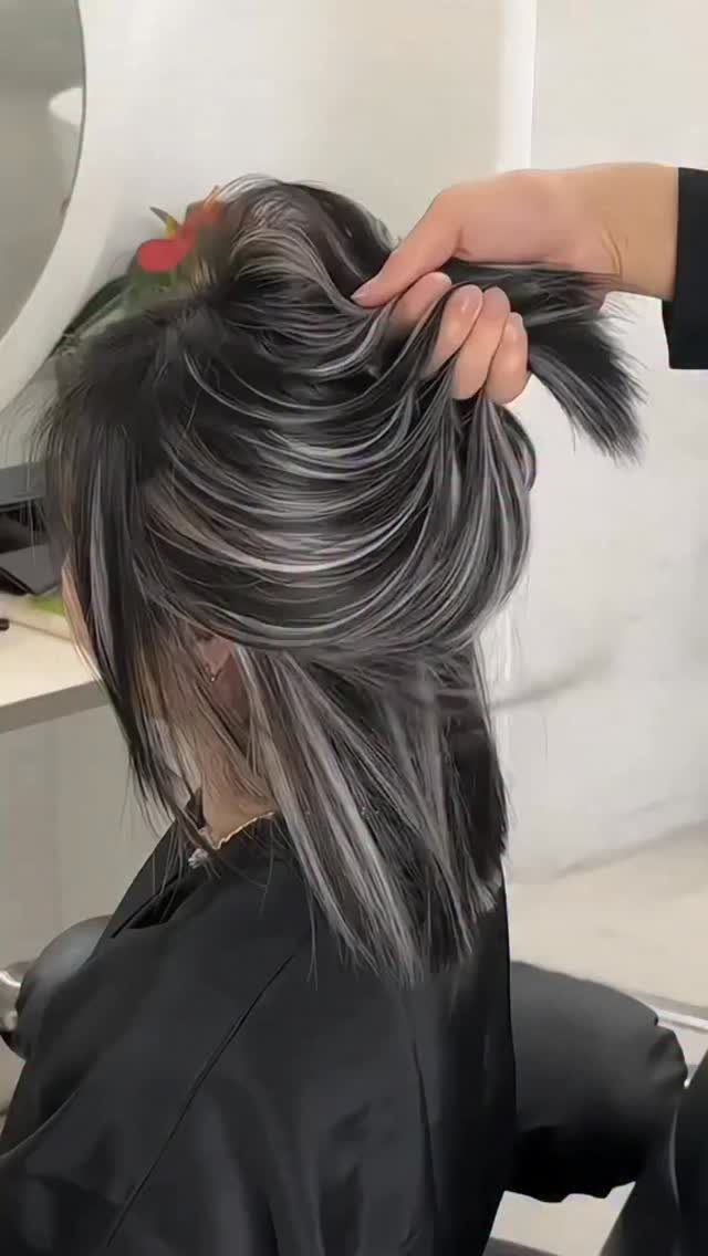 Black hair with sweeping silver highlights is lifted by a stylist in a salon