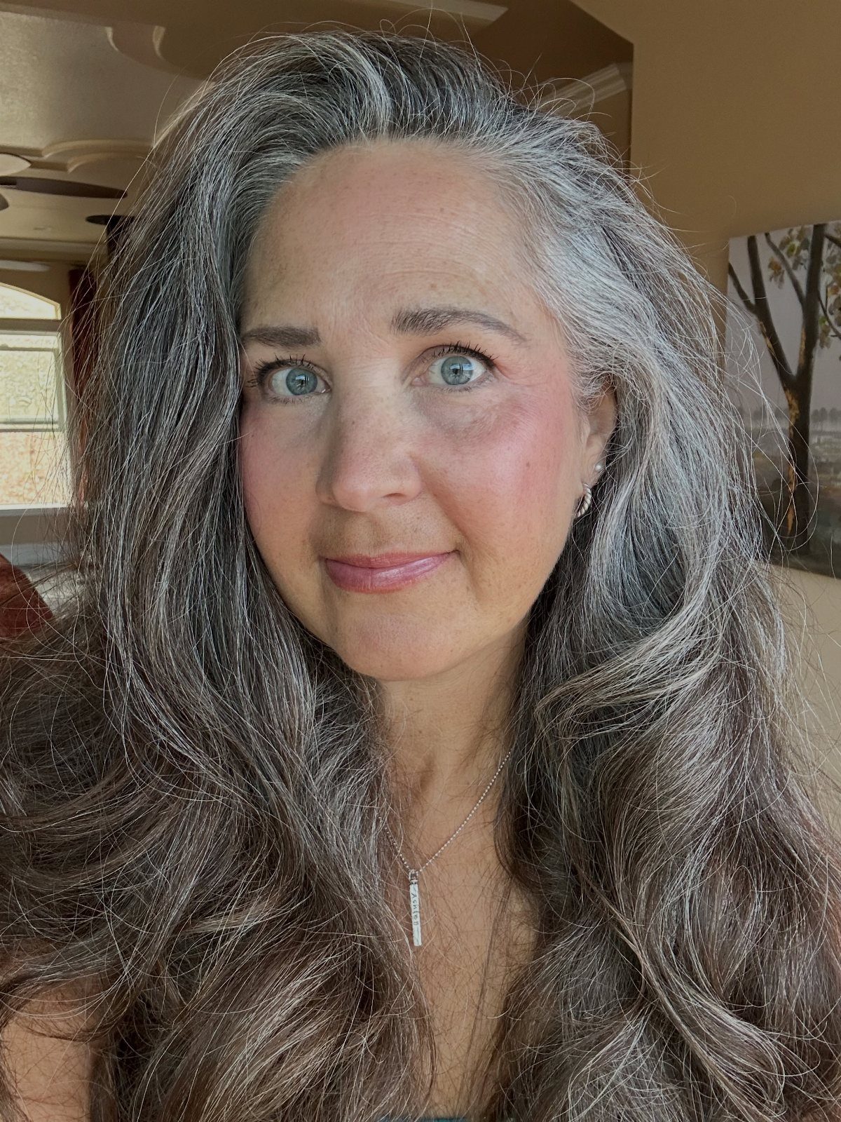 Woman with long wavy gray hair and visible lighter and darker strands